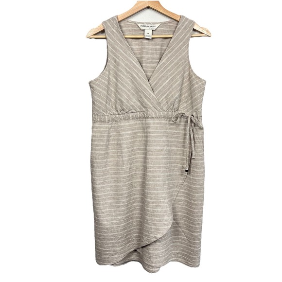 Freedom Trail By Kyodon Dresses & Skirts - Kyodon Linen Blend Faux Wrap Mini Dress Beige Striped Medium Boho Beach Casual